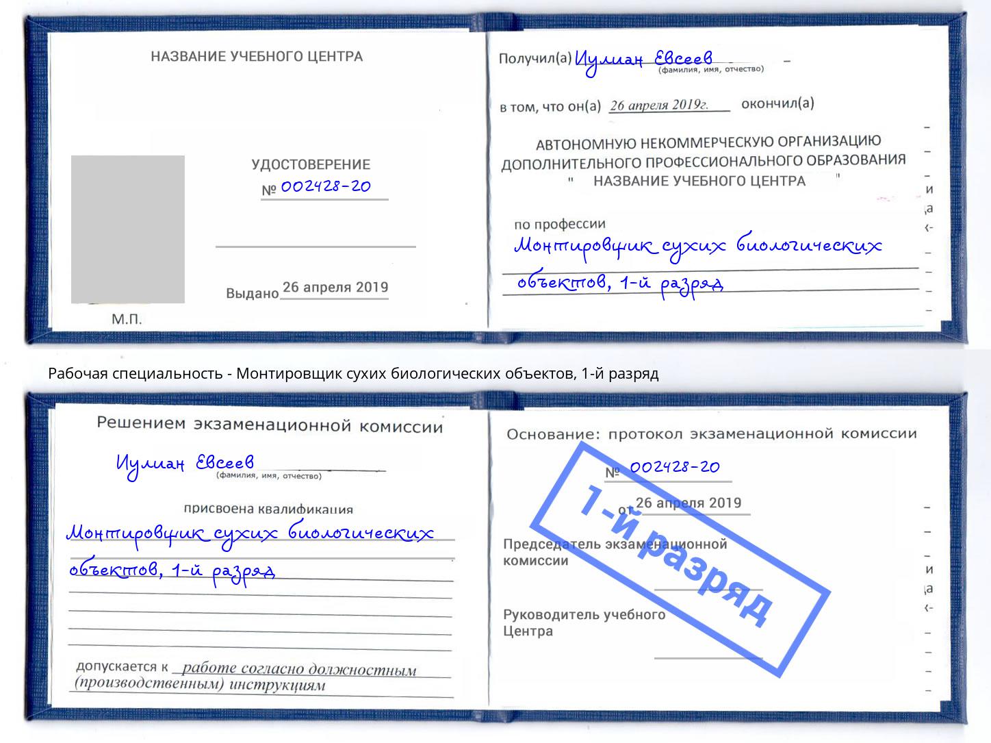 корочка 1-й разряд Монтировщик сухих биологических объектов Шадринск