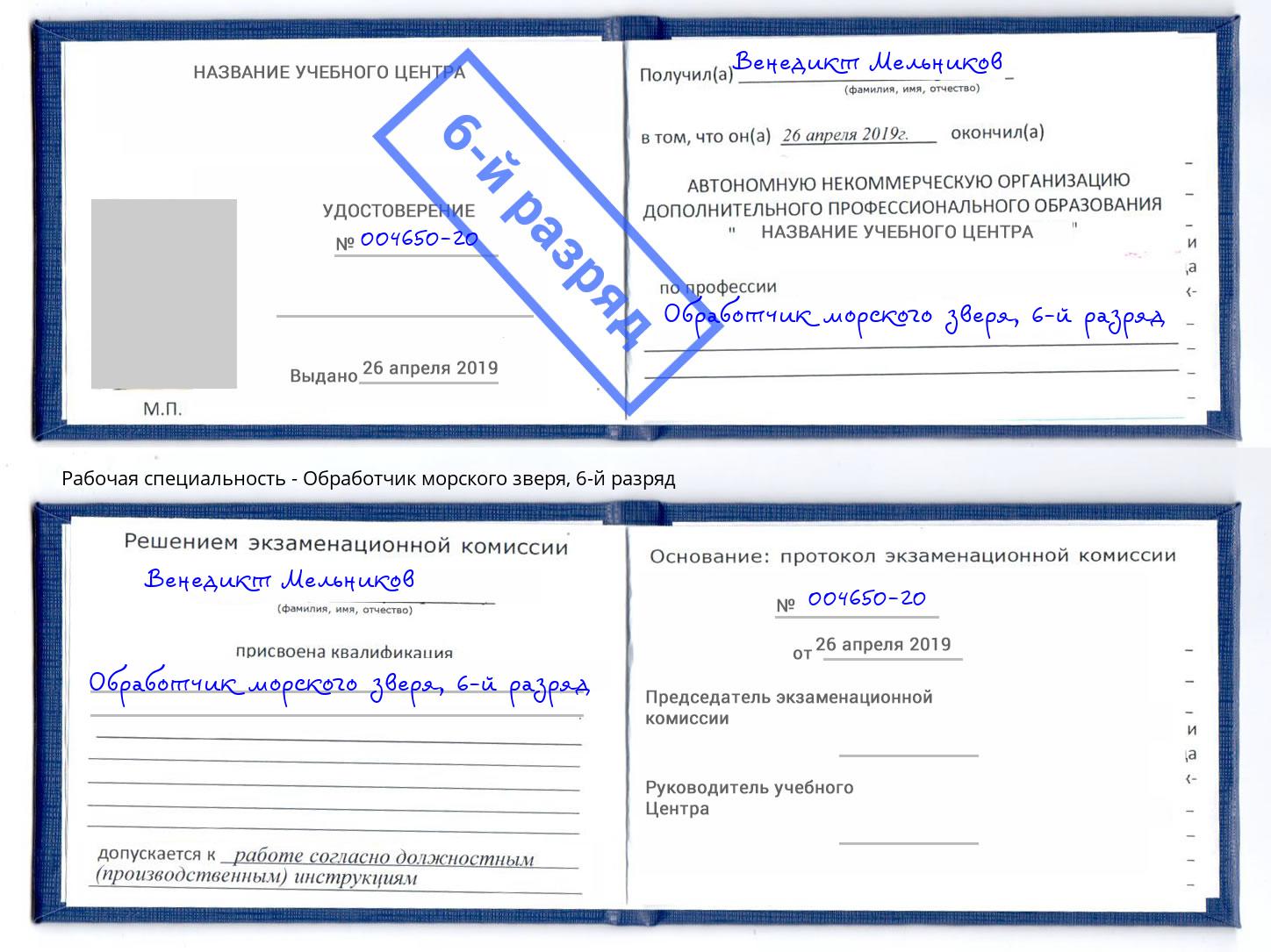 корочка 6-й разряд Обработчик морского зверя Шадринск