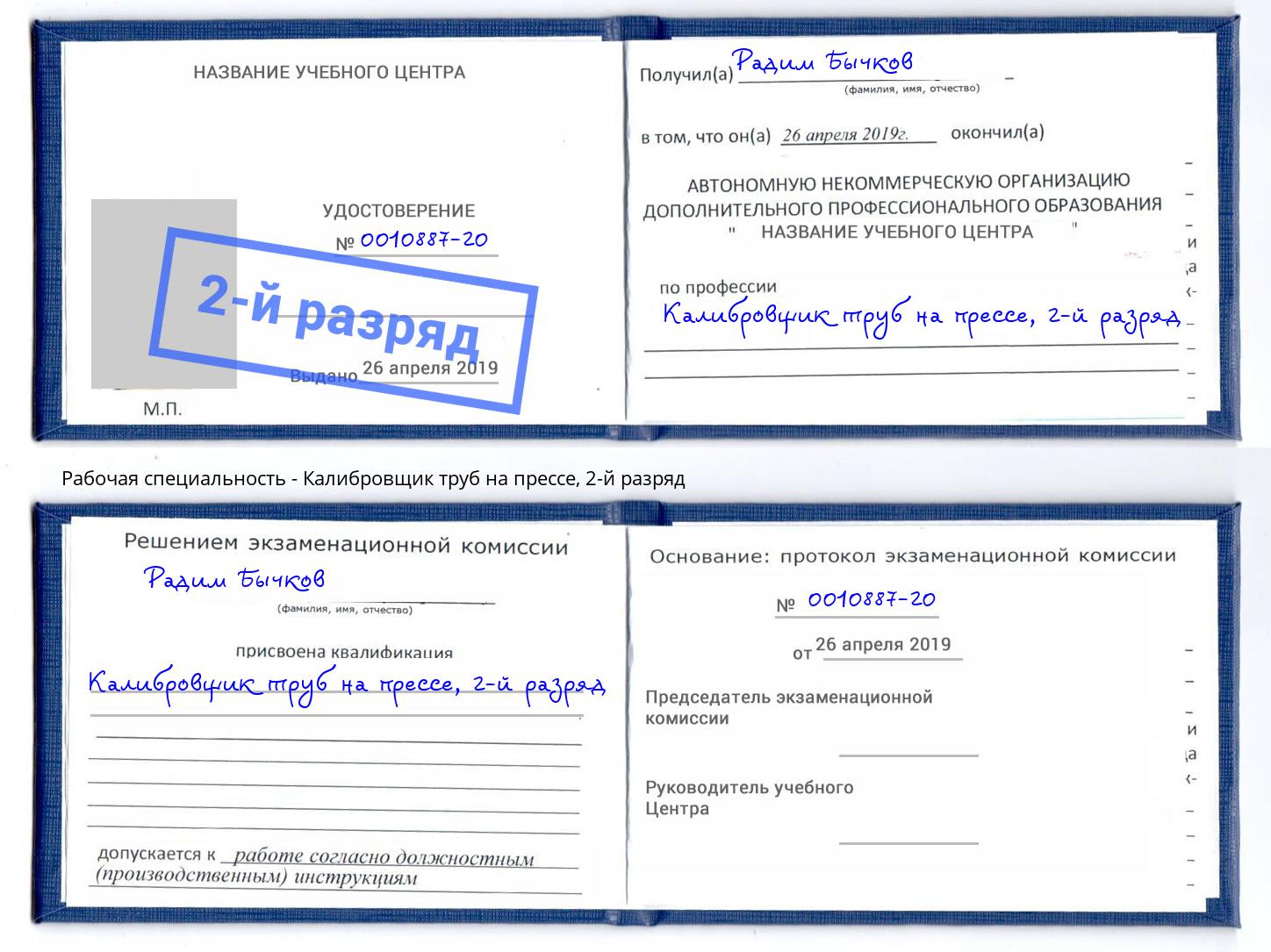 корочка 2-й разряд Калибровщик труб на прессе Шадринск