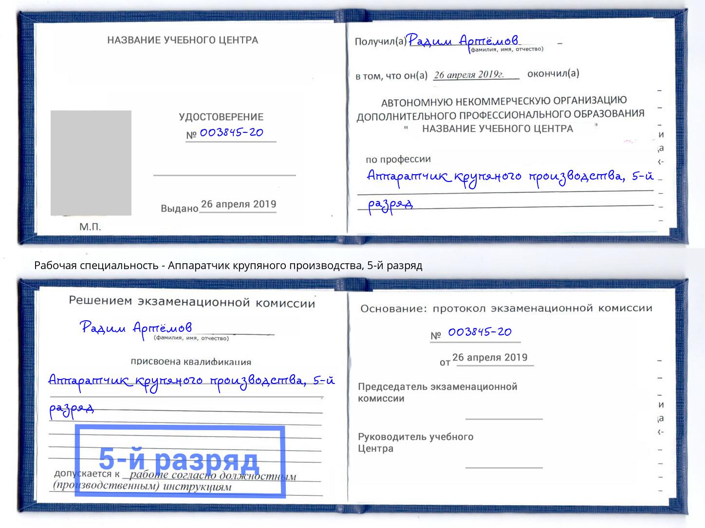 корочка 5-й разряд Аппаратчик крупяного производства Шадринск