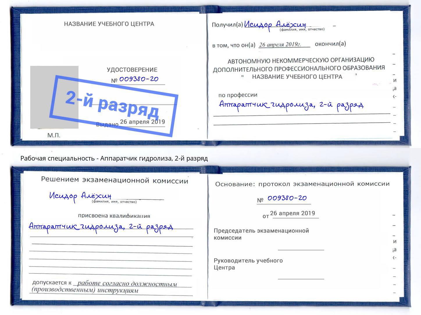 корочка 2-й разряд Аппаратчик гидролиза Шадринск