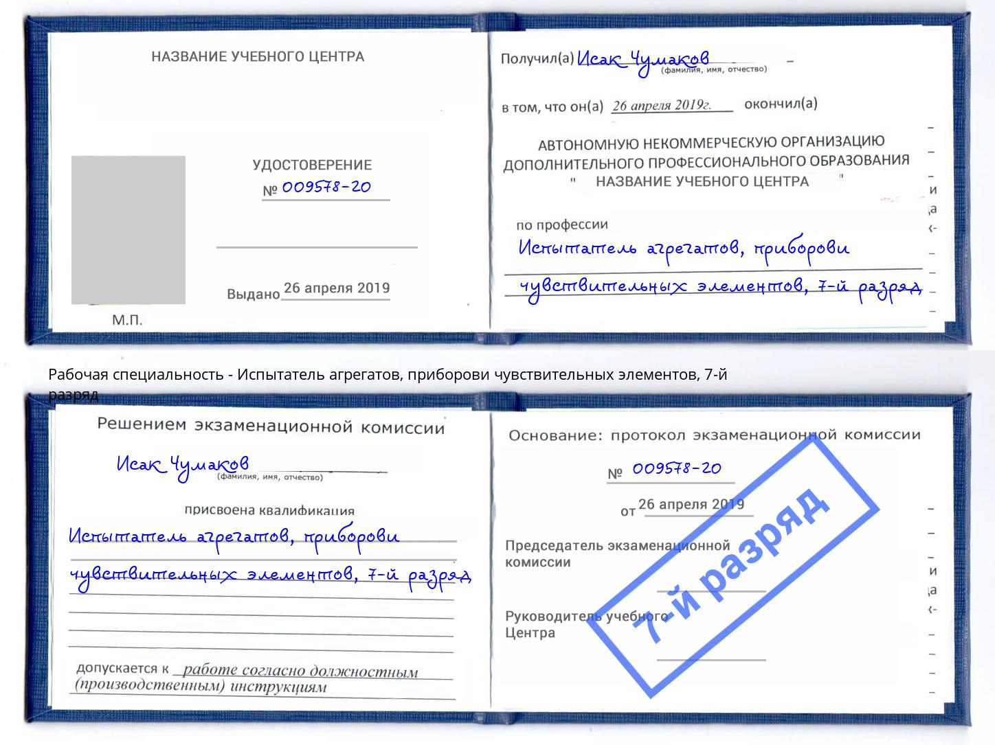 корочка 7-й разряд Испытатель агрегатов, приборови чувствительных элементов Шадринск