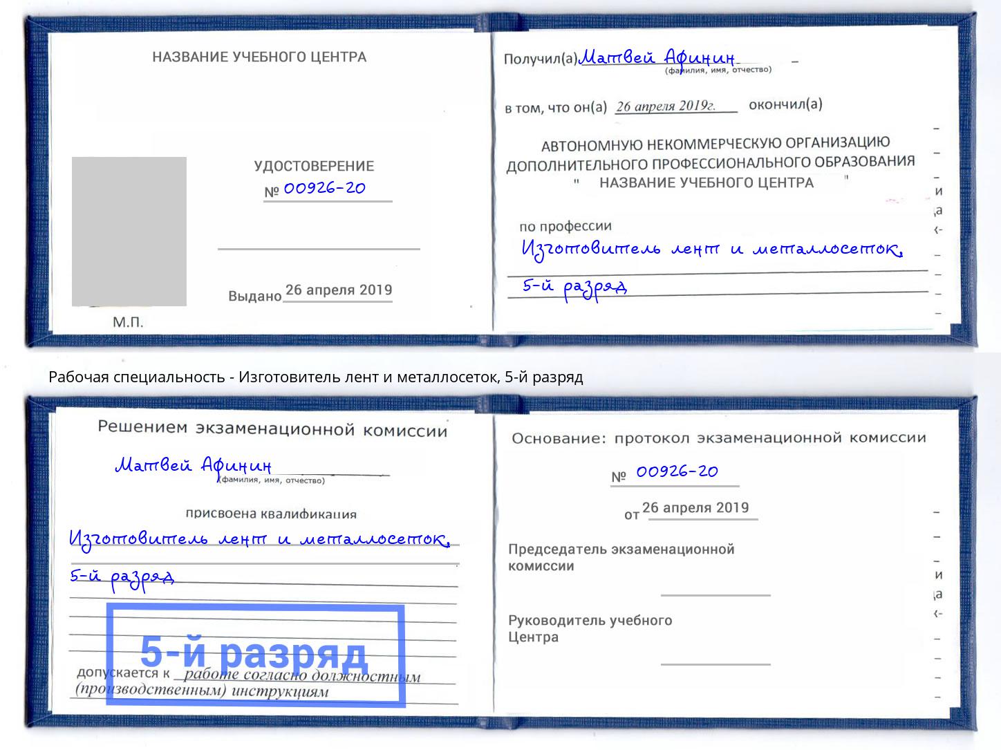 корочка 5-й разряд Изготовитель лент и металлосеток Шадринск