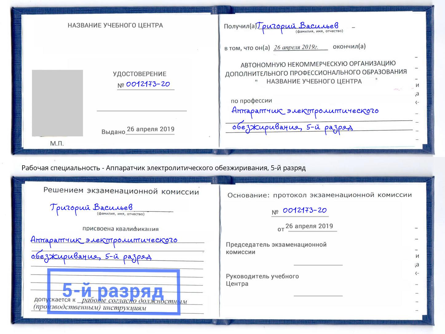 корочка 5-й разряд Аппаратчик электролитического обезжиривания Шадринск